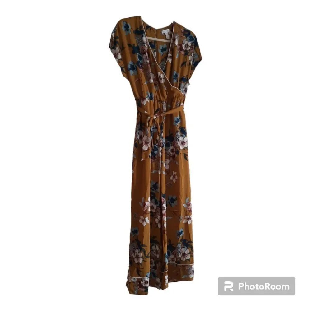 Leith Floral Wide Leg Jumpsuit Surplice Pockets Lined Belted Elastic Waist